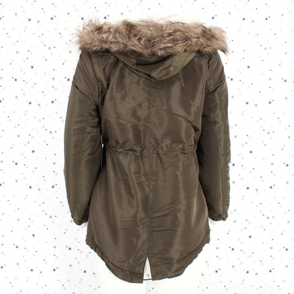 Olive Faux Fur Hooded Sherpa Lined Jacket - Picture 9 of 11